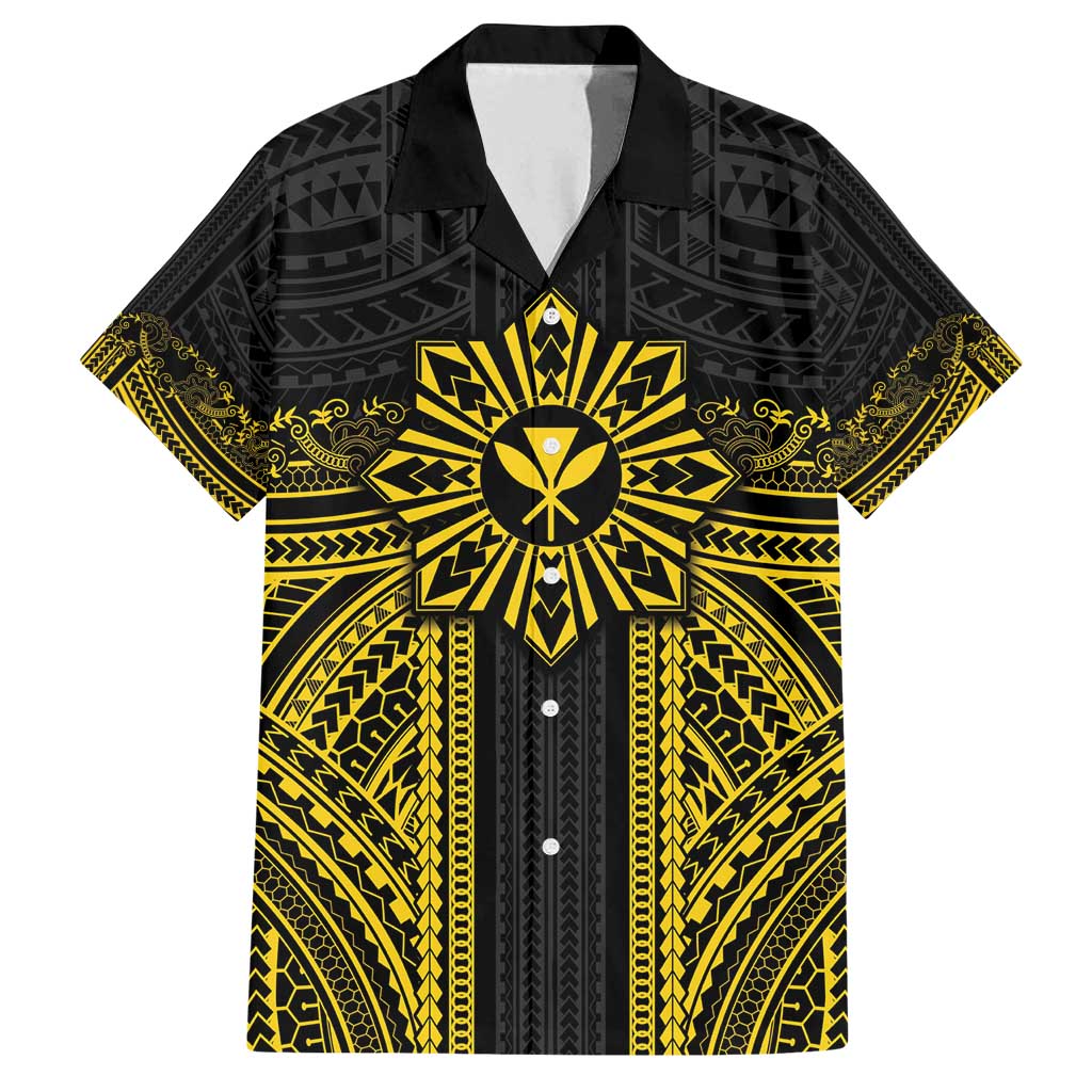 Hawaii And Philippines Together Family Matching Tank Maxi Dress and Hawaiian Shirt Polynesian Pattern With Filipino Barong Gold
