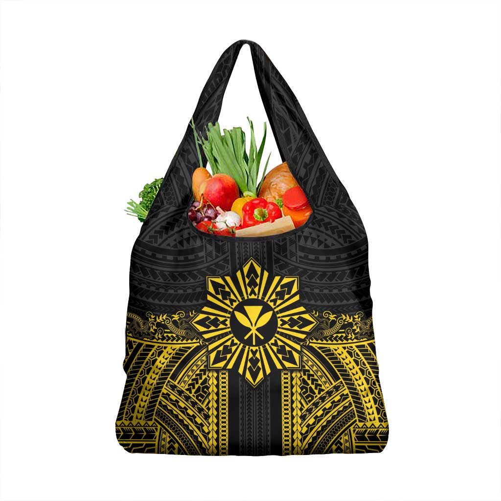 Hawaii And Philippines Together Grocery Bag Polynesian Pattern With Filipino Barong Gold