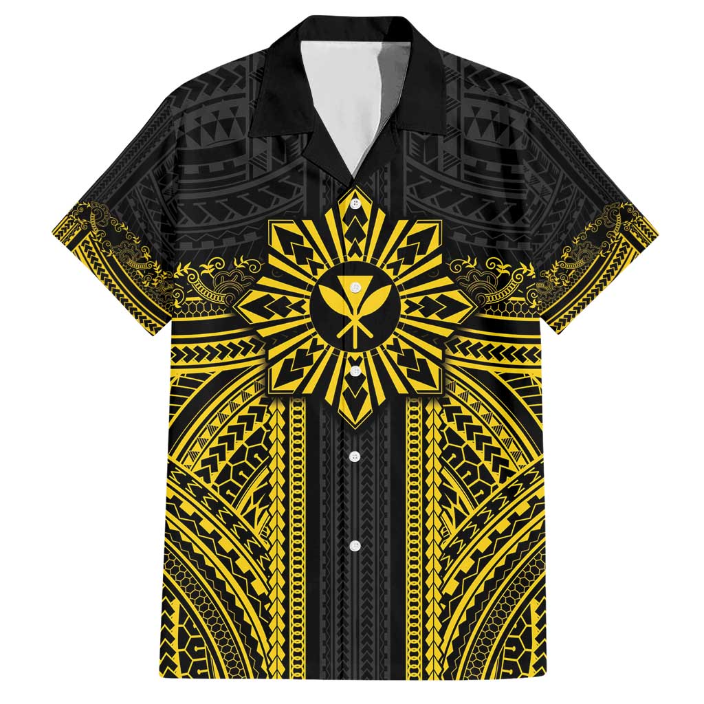 Hawaii And Philippines Together Hawaiian Shirt Polynesian Pattern With Filipino Barong Gold