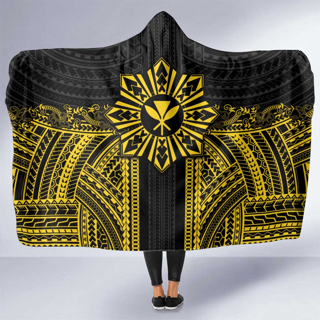 Hawaii And Philippines Together Hooded Blanket Polynesian Pattern With Filipino Barong Gold