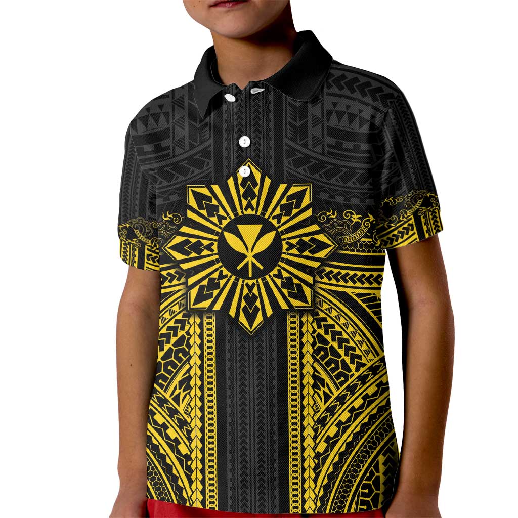 Hawaii And Philippines Together Kid Polo Shirt Polynesian Pattern With Filipino Barong Gold