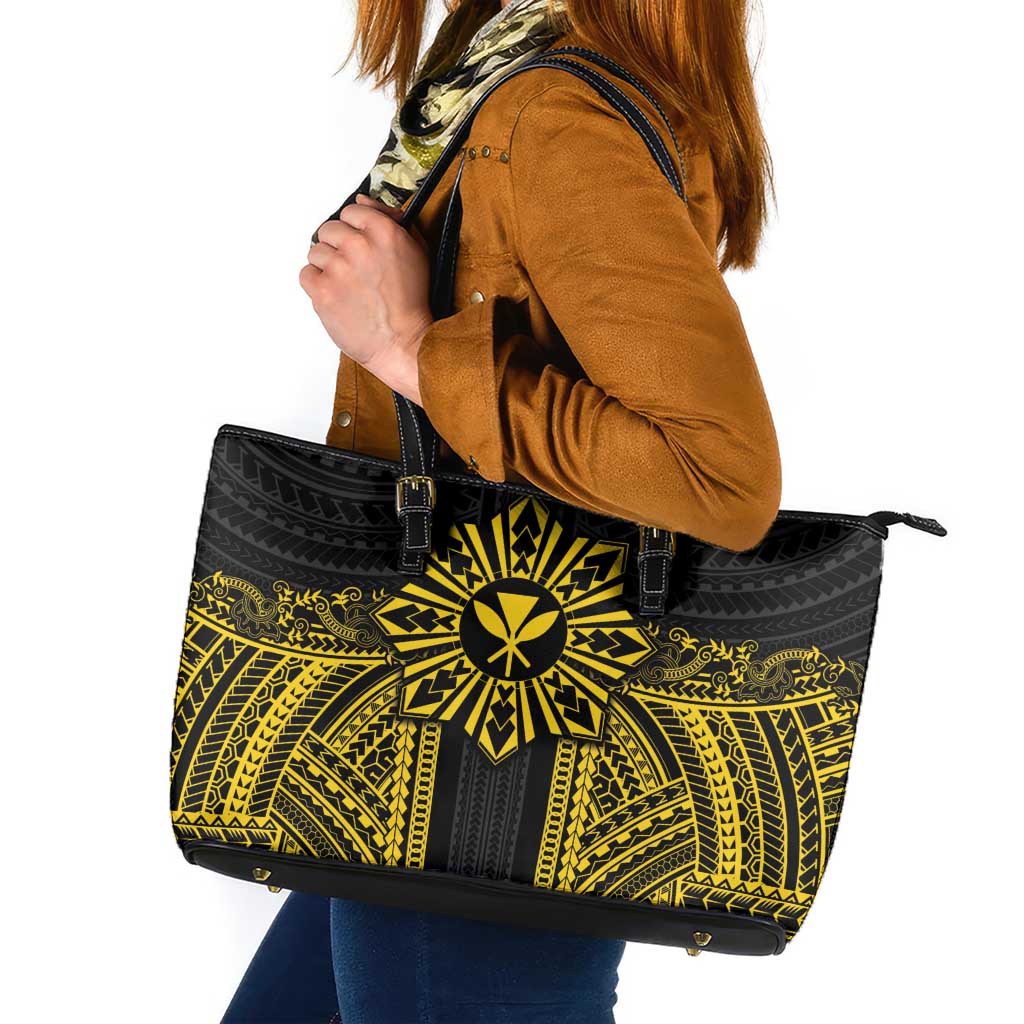 Hawaii And Philippines Together Leather Tote Bag Polynesian Pattern With Filipino Barong Gold