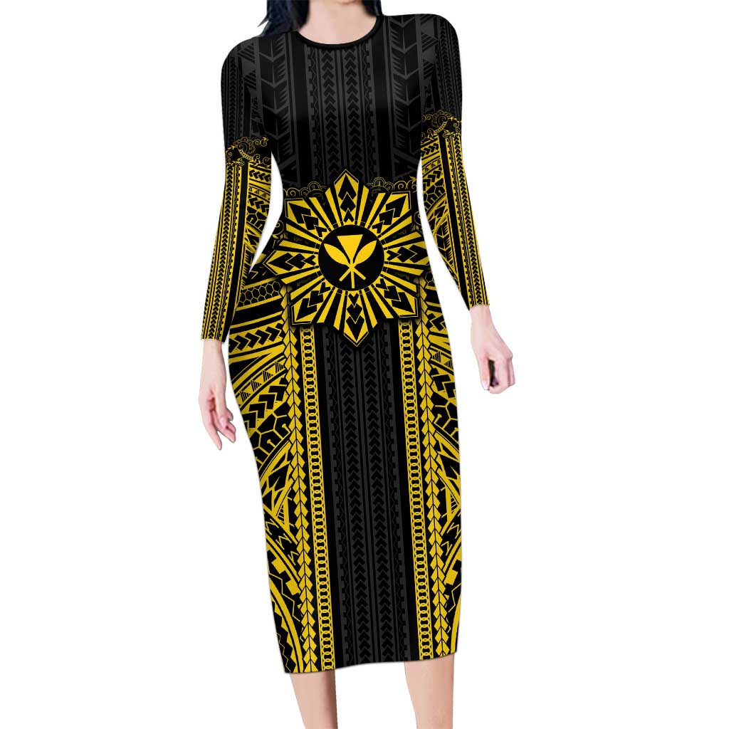 Hawaii And Philippines Together Long Sleeve Bodycon Dress Polynesian Pattern With Filipino Barong Gold