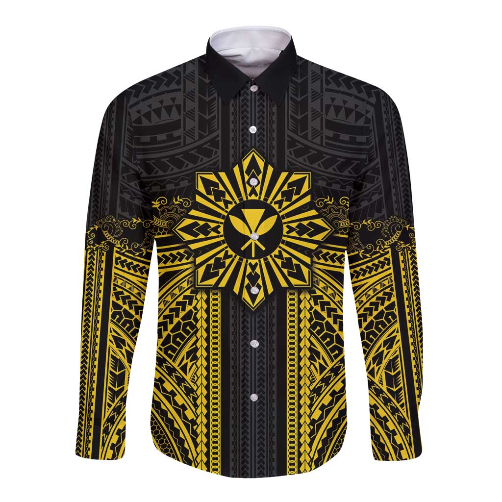 Hawaii And Philippines Together Long Sleeve Button Shirt Polynesian Pattern With Filipino Barong Gold