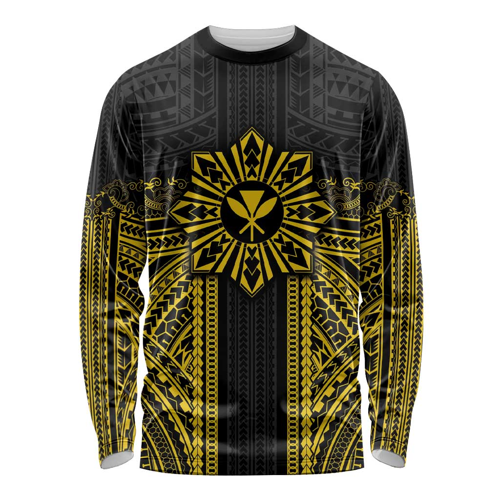 Hawaii And Philippines Together Long Sleeve Shirt Polynesian Pattern With Filipino Barong Gold