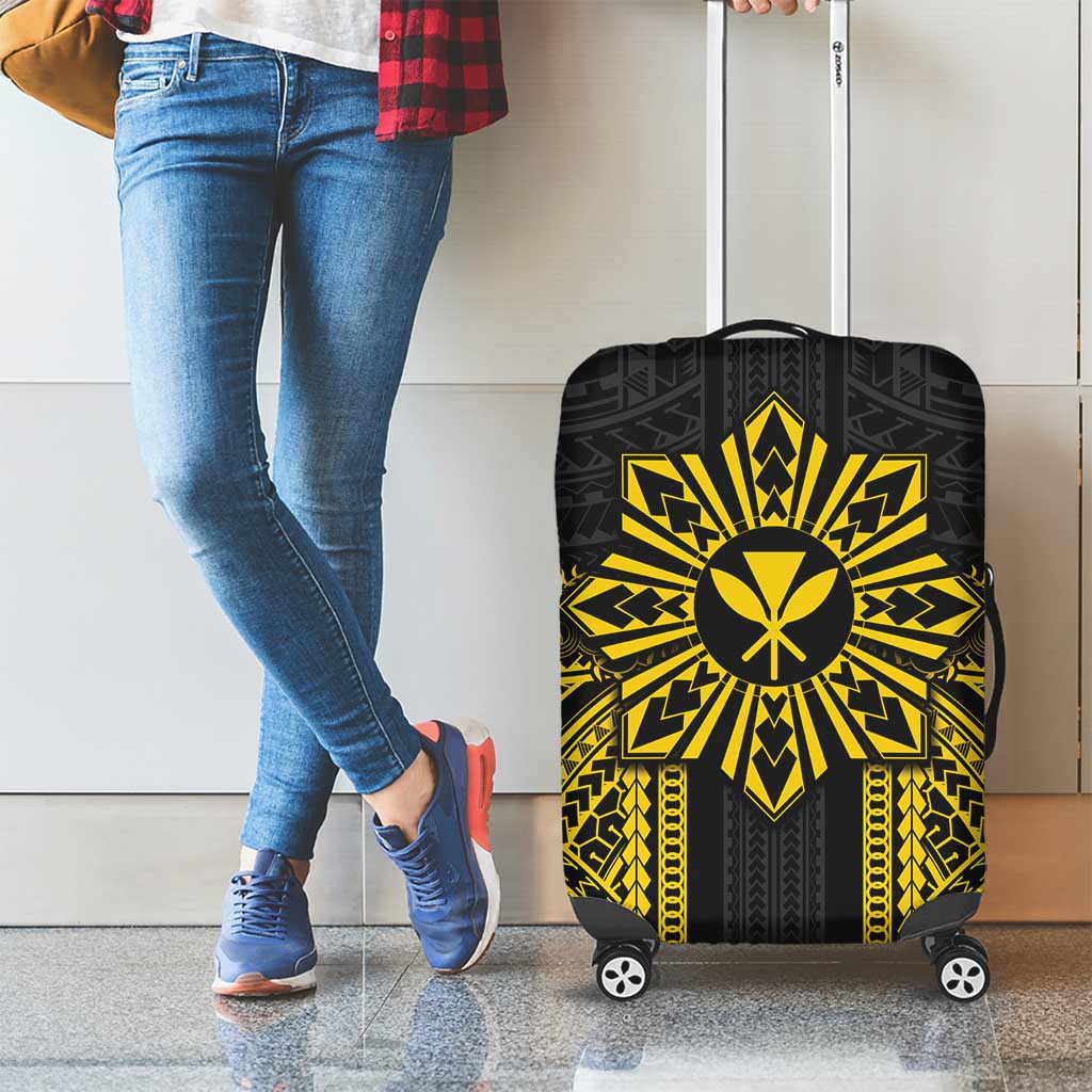 Hawaii And Philippines Together Luggage Cover Polynesian Pattern With Filipino Barong Gold