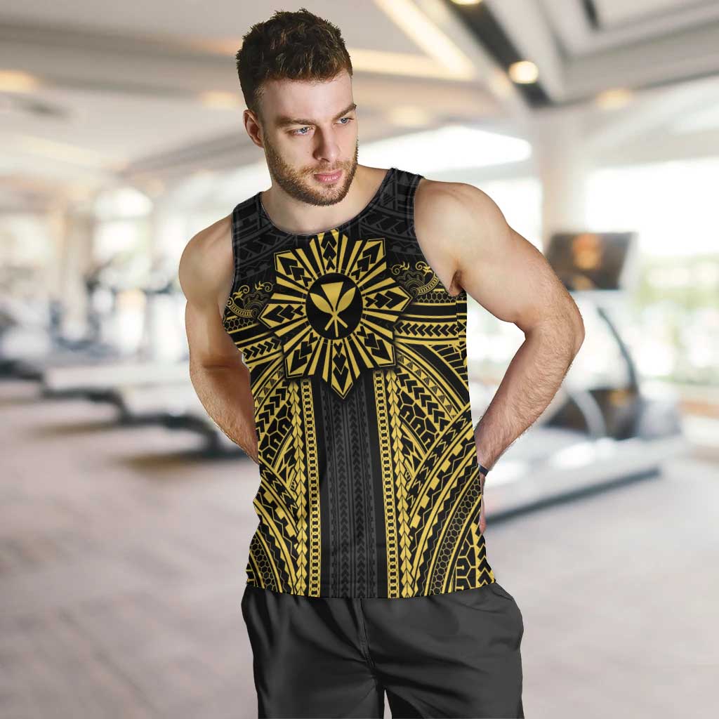 Hawaii And Philippines Together Men Tank Top Polynesian Pattern With Filipino Barong Gold