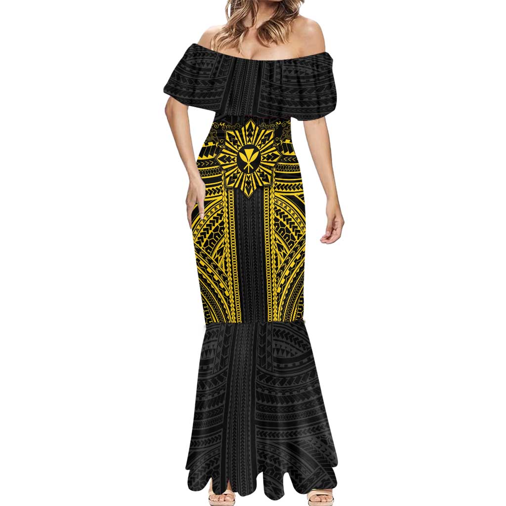 Hawaii And Philippines Together Mermaid Dress Polynesian Pattern With Filipino Barong Gold