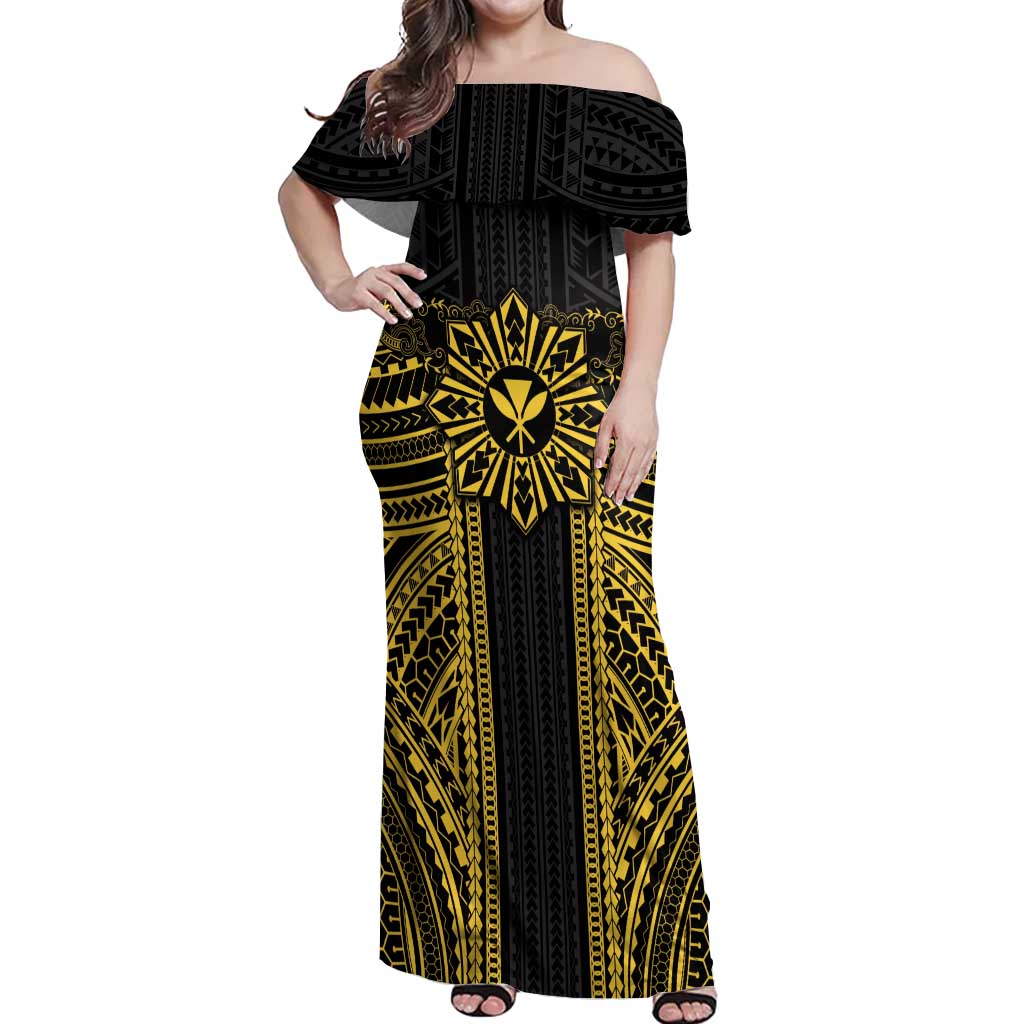 Hawaii And Philippines Together Off Shoulder Maxi Dress Polynesian Pattern With Filipino Barong Gold