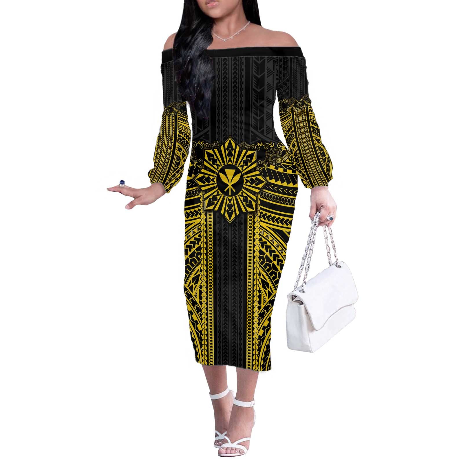 Hawaii And Philippines Together Off The Shoulder Long Sleeve Dress Polynesian Pattern With Filipino Barong Gold