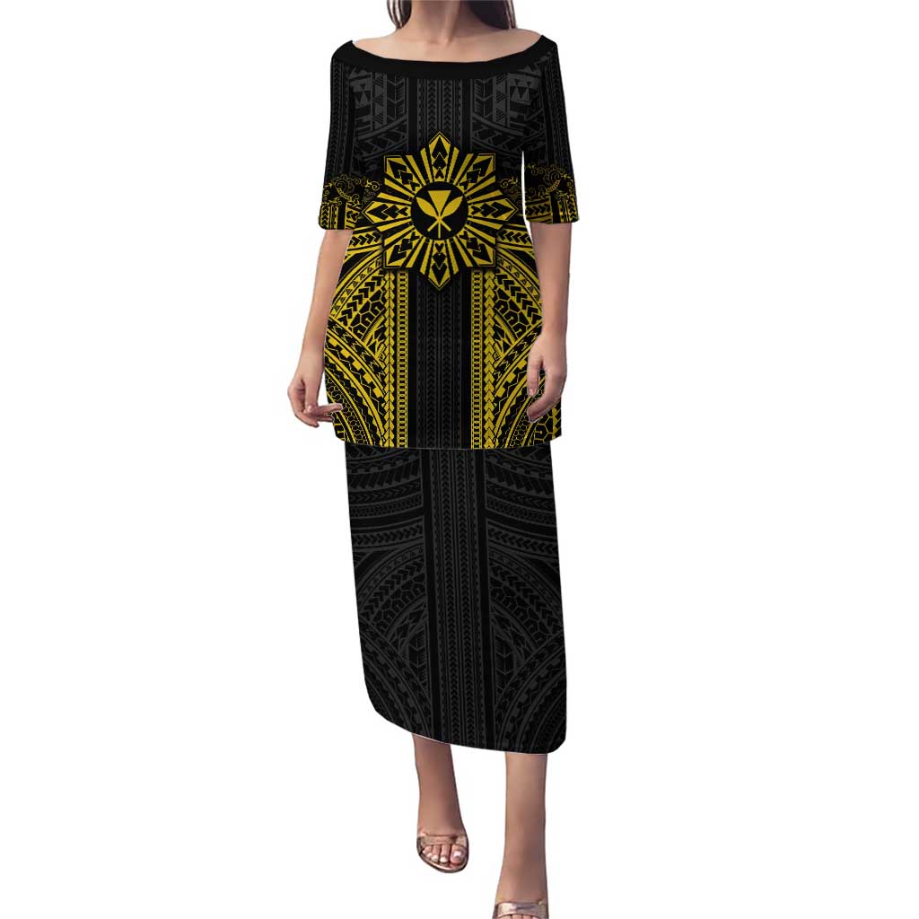 Hawaii And Philippines Together Puletasi Polynesian Pattern With Filipino Barong Gold