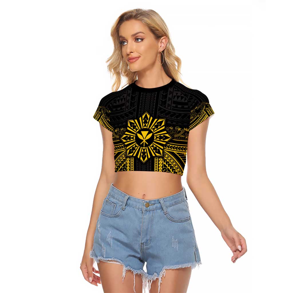 Hawaii And Philippines Together Raglan Cropped T Shirt Polynesian Pattern With Filipino Barong Gold