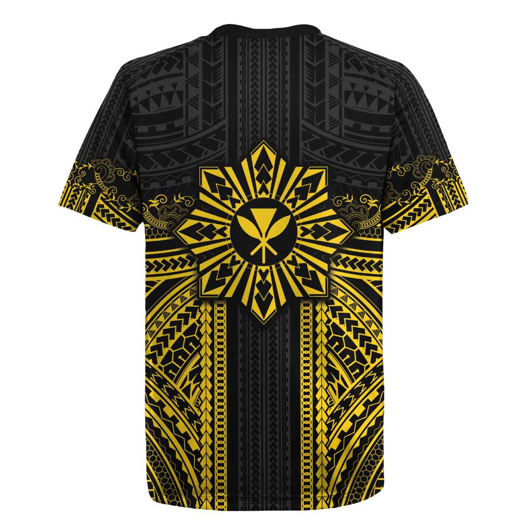 Hawaii And Philippines Together Rugby Jersey Polynesian Pattern With Filipino Barong Gold
