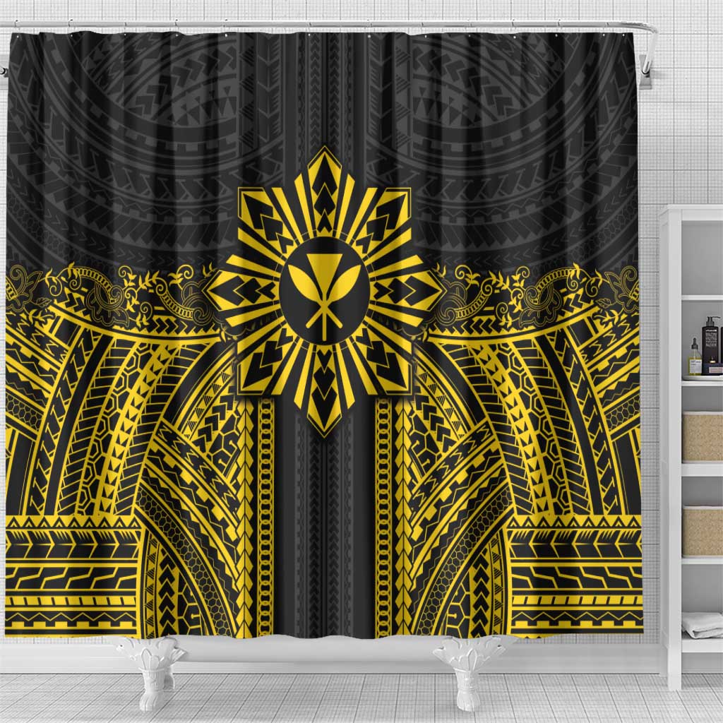 Hawaii And Philippines Together Shower Curtain Polynesian Pattern With Filipino Barong Gold