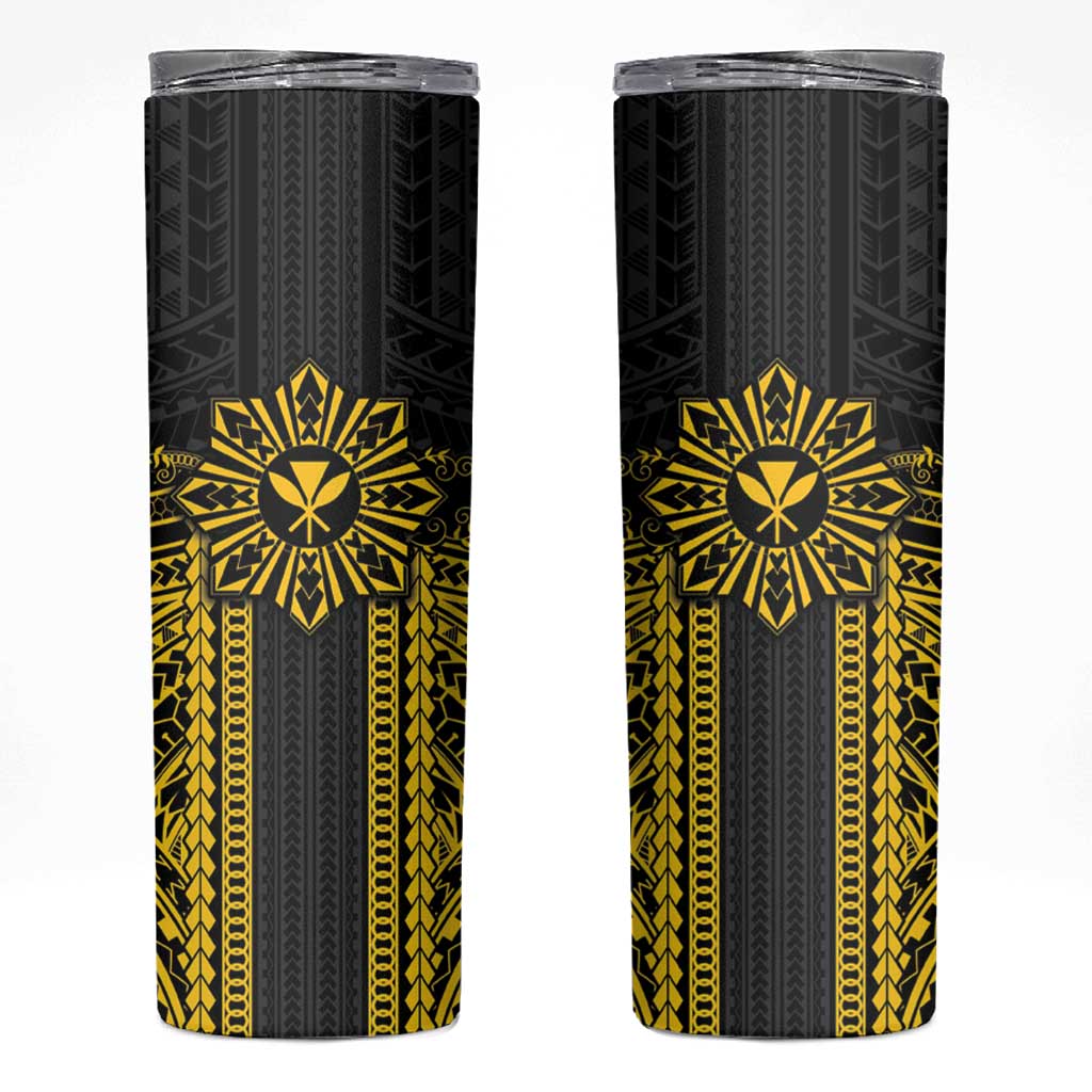 Hawaii And Philippines Together Skinny Tumbler Polynesian Pattern With Filipino Barong Gold