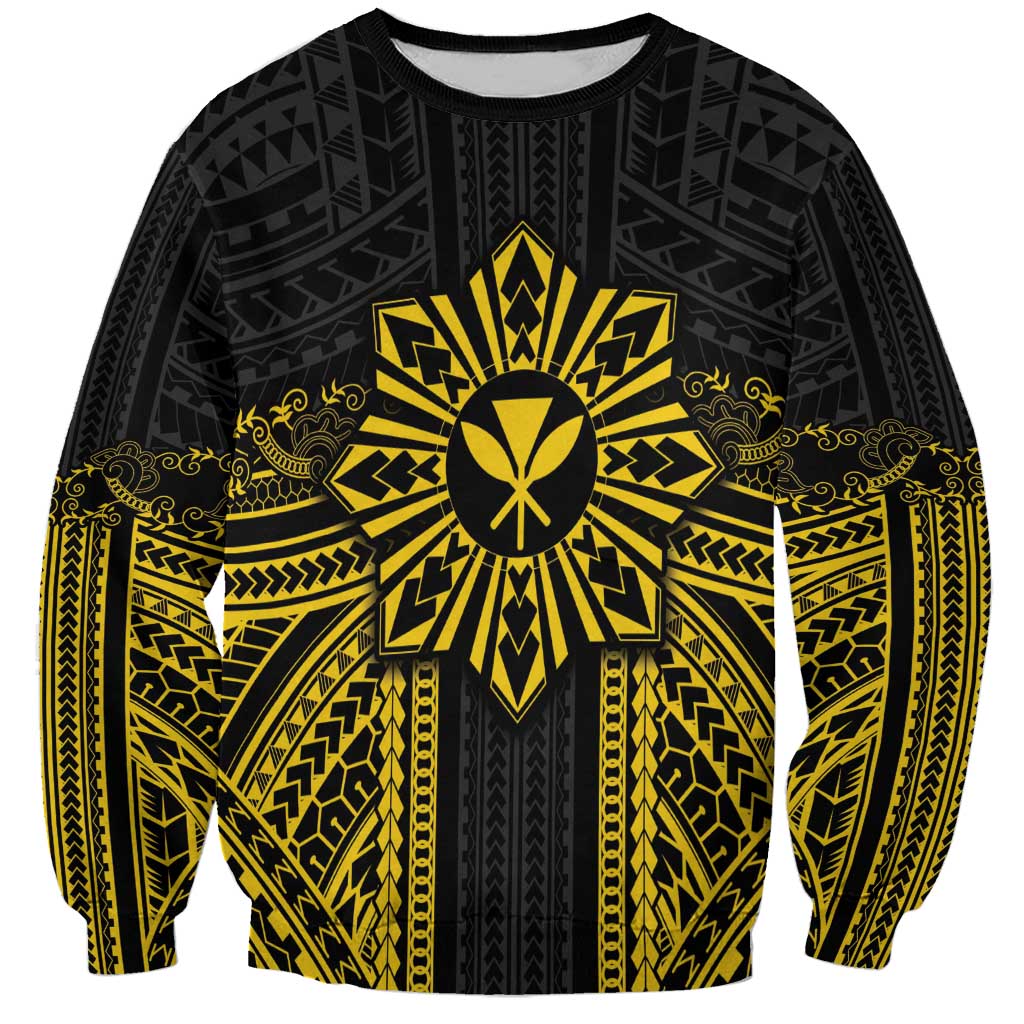 Hawaii And Philippines Together Sweatshirt Polynesian Pattern With Filipino Barong Gold