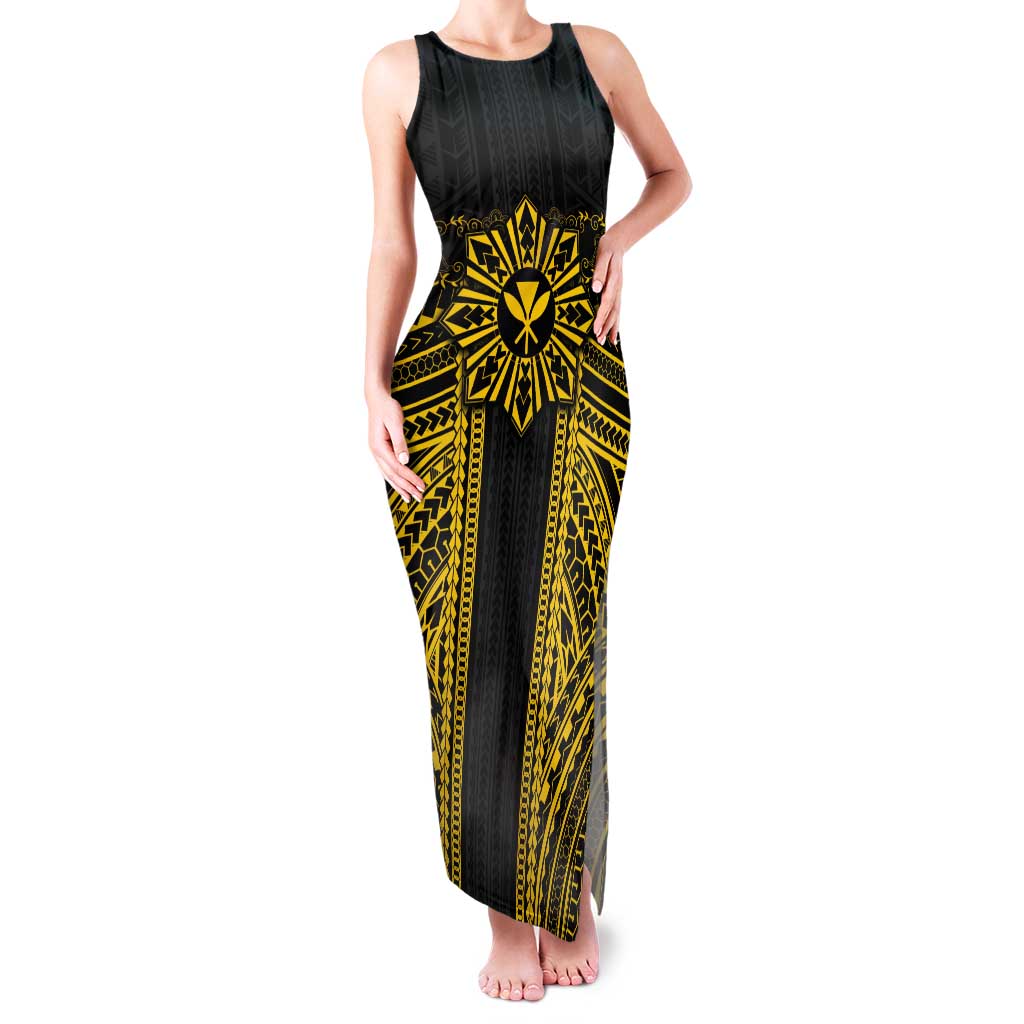 Hawaii And Philippines Together Tank Maxi Dress Polynesian Pattern With Filipino Barong Gold