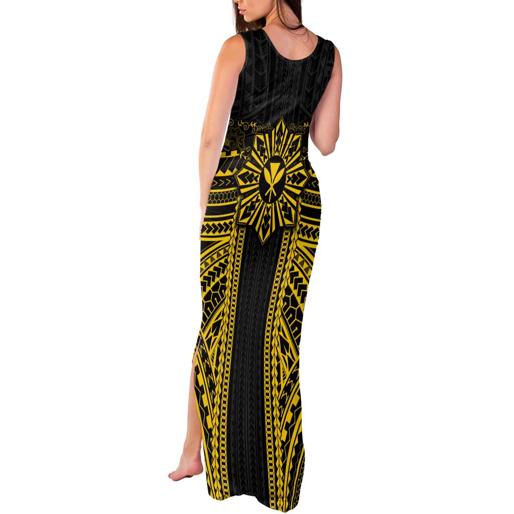 Hawaii And Philippines Together Tank Maxi Dress Polynesian Pattern With Filipino Barong Gold