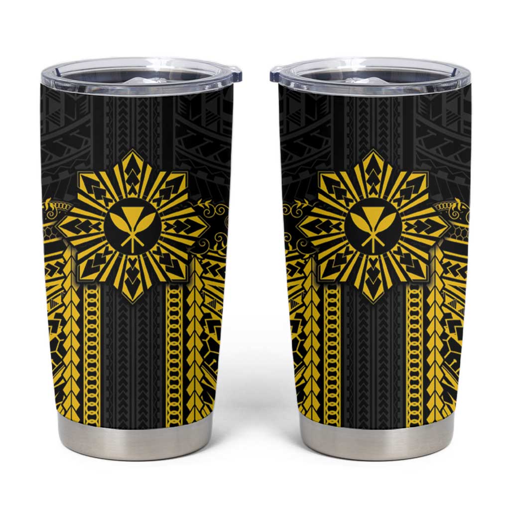 Hawaii And Philippines Together Tumbler Cup Polynesian Pattern With Filipino Barong Gold