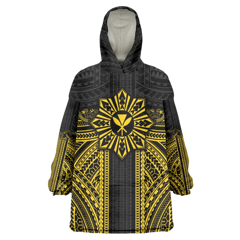 Hawaii And Philippines Together Wearable Blanket Hoodie Polynesian Pattern With Filipino Barong Gold