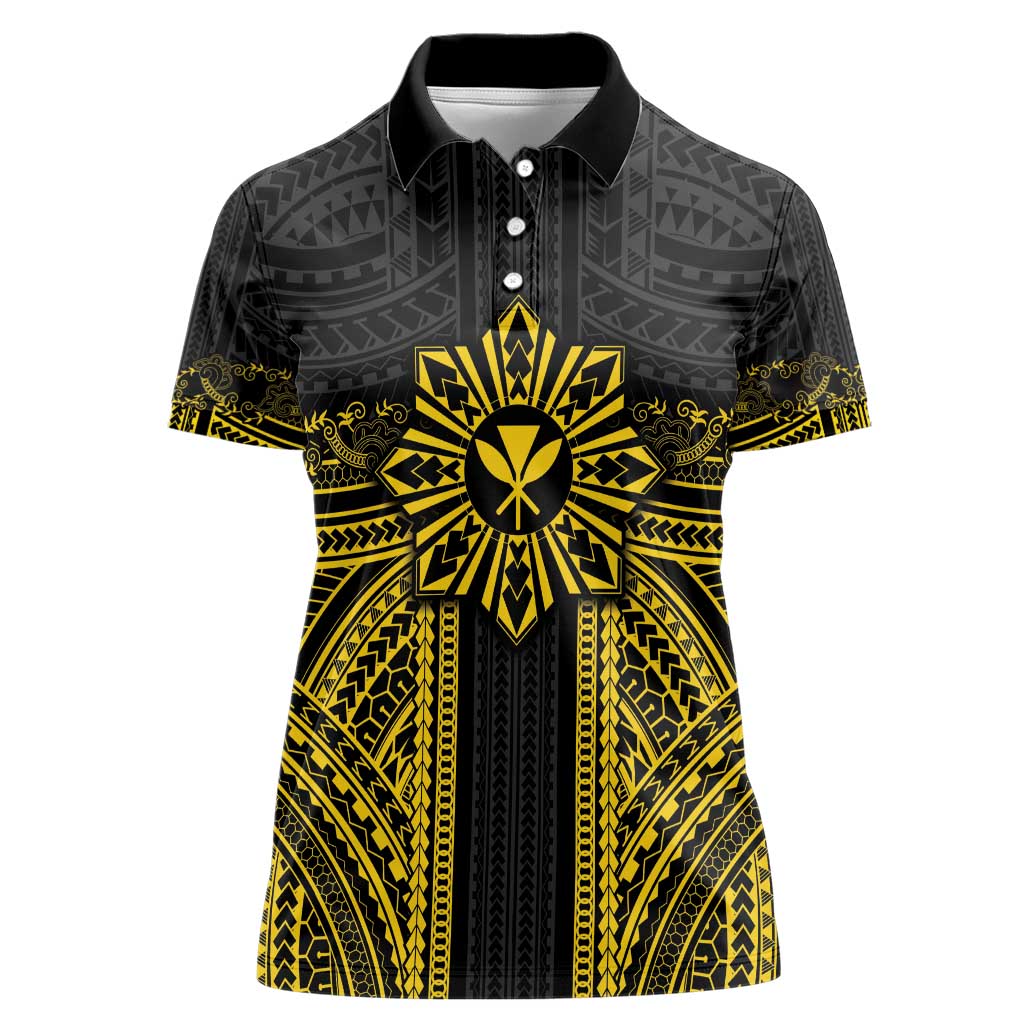 Hawaii And Philippines Together Women Polo Shirt Polynesian Pattern With Filipino Barong Gold