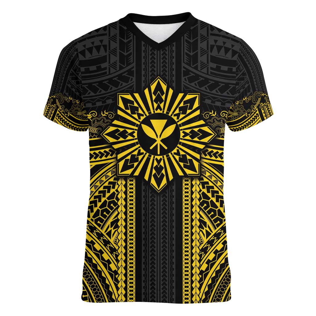 Hawaii And Philippines Together Women V-Neck T-Shirt Polynesian Pattern With Filipino Barong Gold