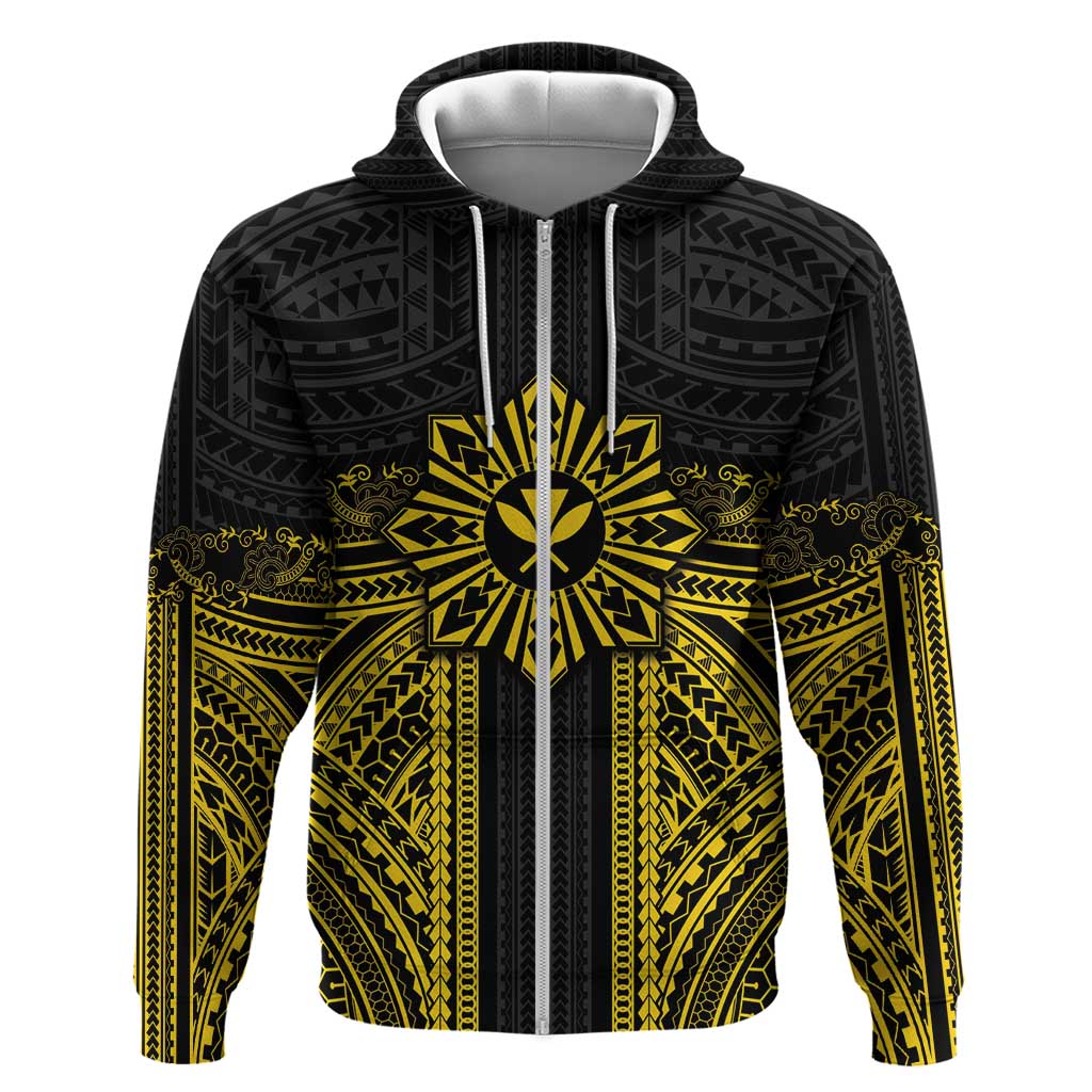 Hawaii And Philippines Together Zip Hoodie Polynesian Pattern With Filipino Barong Gold