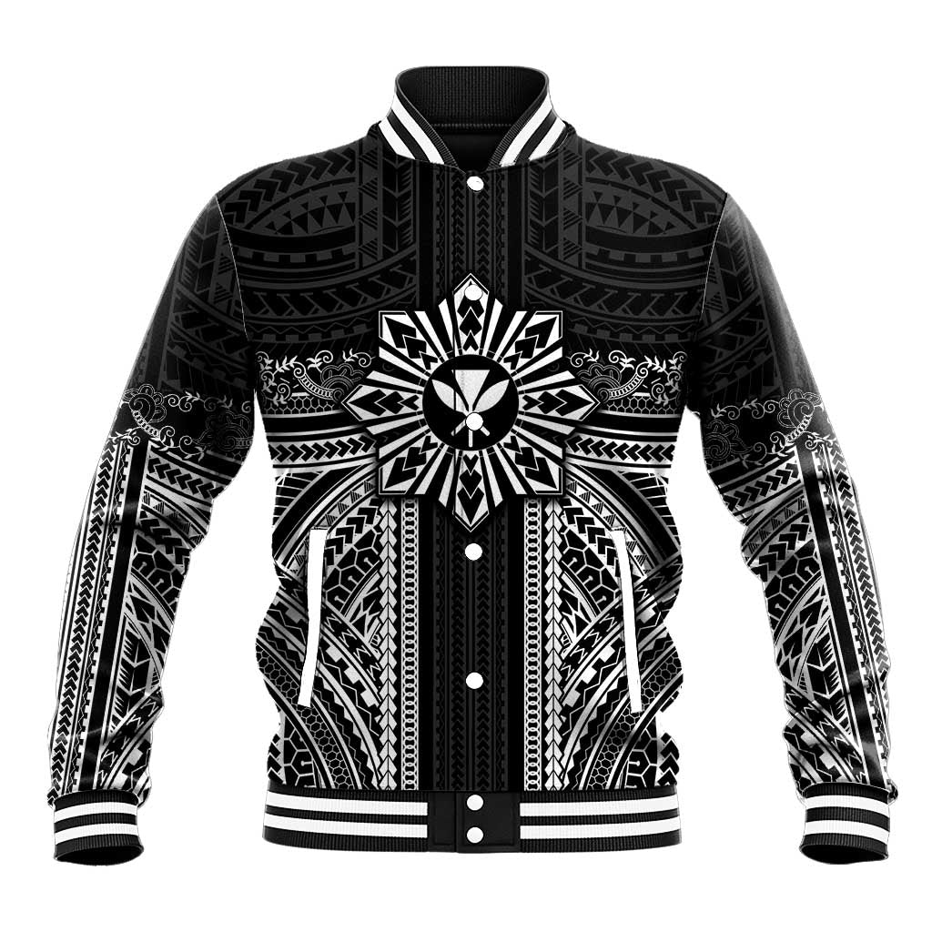 Hawaii And Philippines Together Baseball Jacket Polynesian Pattern With Filipino Barong Black