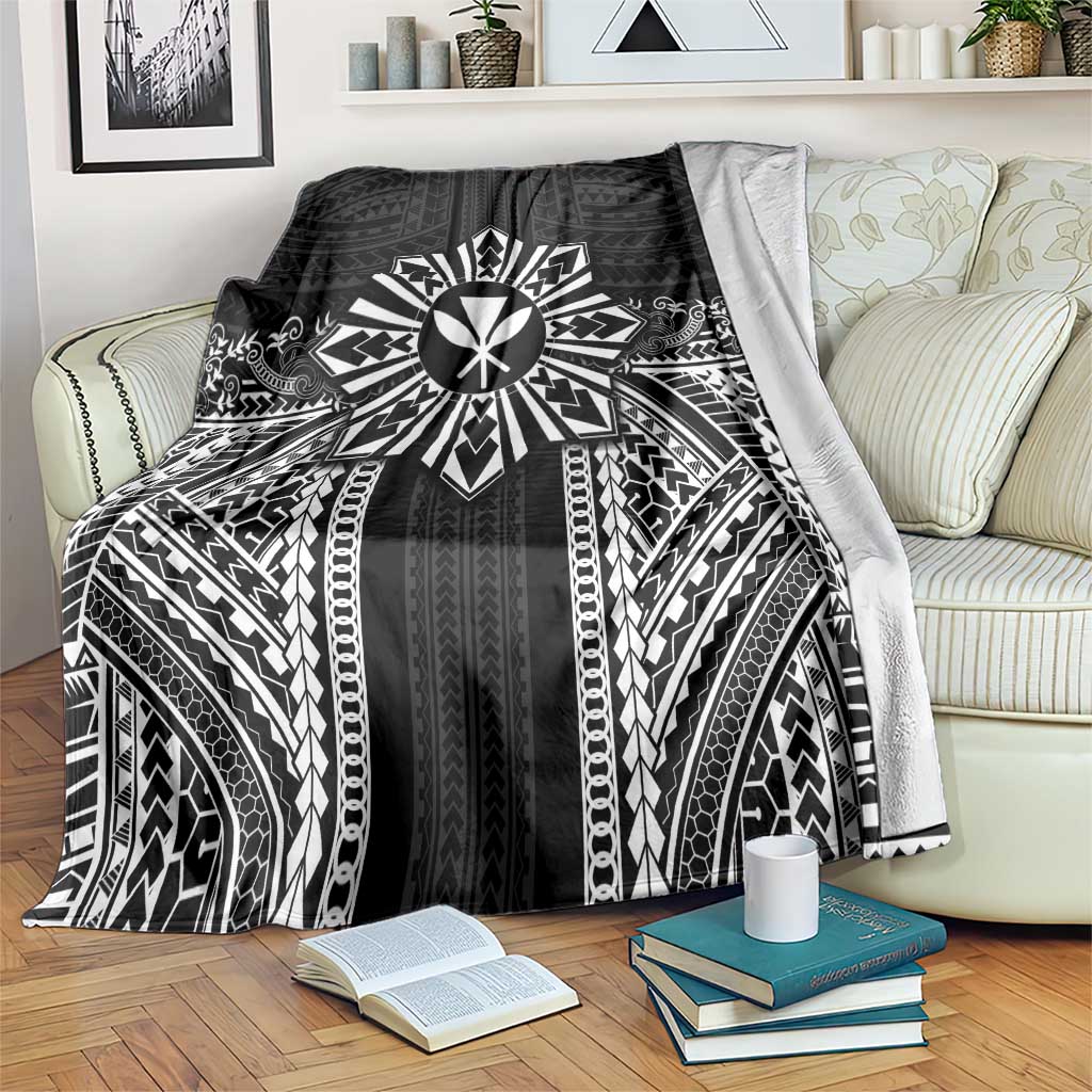 Hawaii And Philippines Together Blanket Polynesian Pattern With Filipino Barong Black