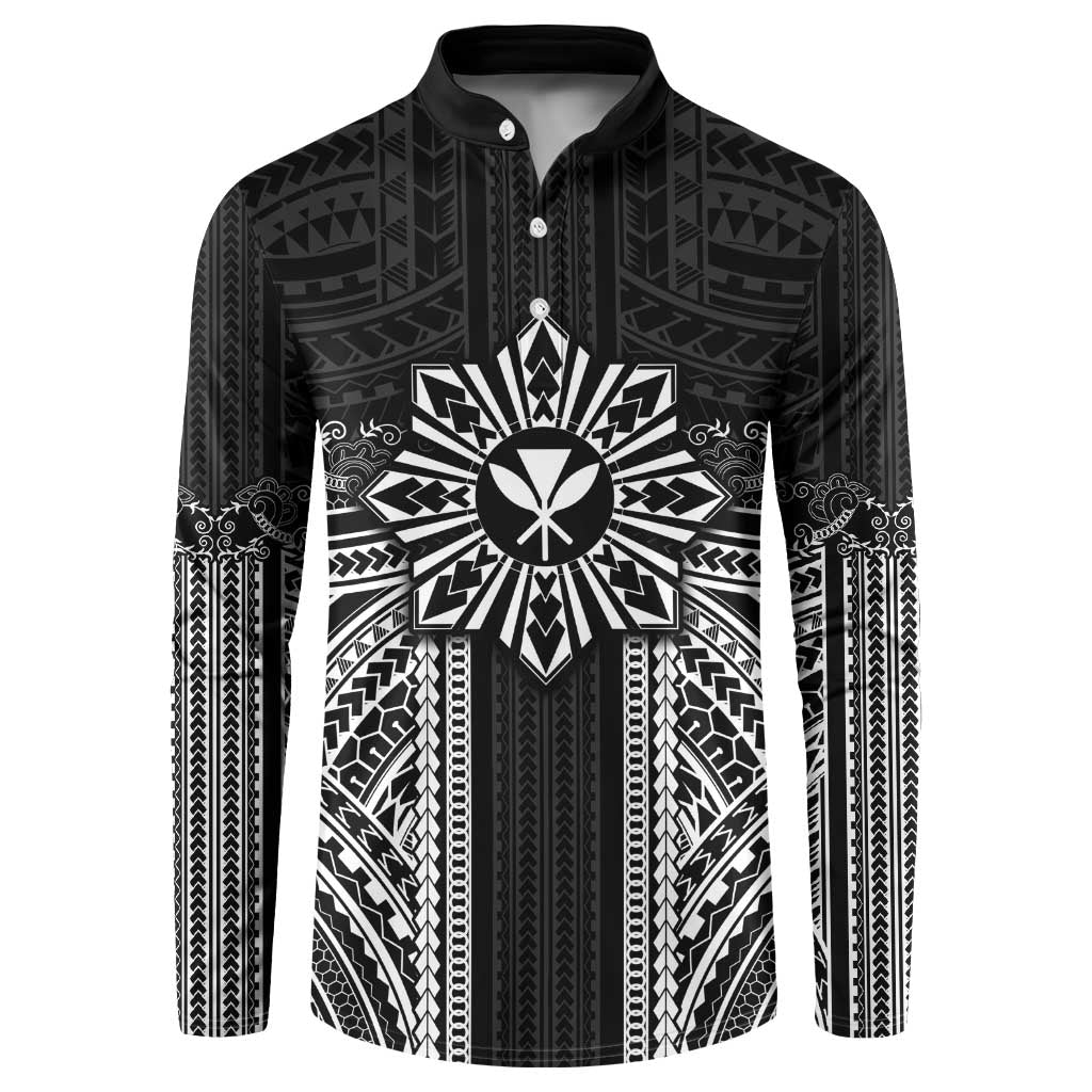 Hawaii And Philippines Together Button Sweatshirt Polynesian Pattern With Filipino Barong Black