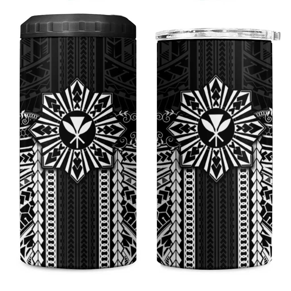 Hawaii And Philippines Together 4 in 1 Can Cooler Tumbler Polynesian Pattern With Filipino Barong Black