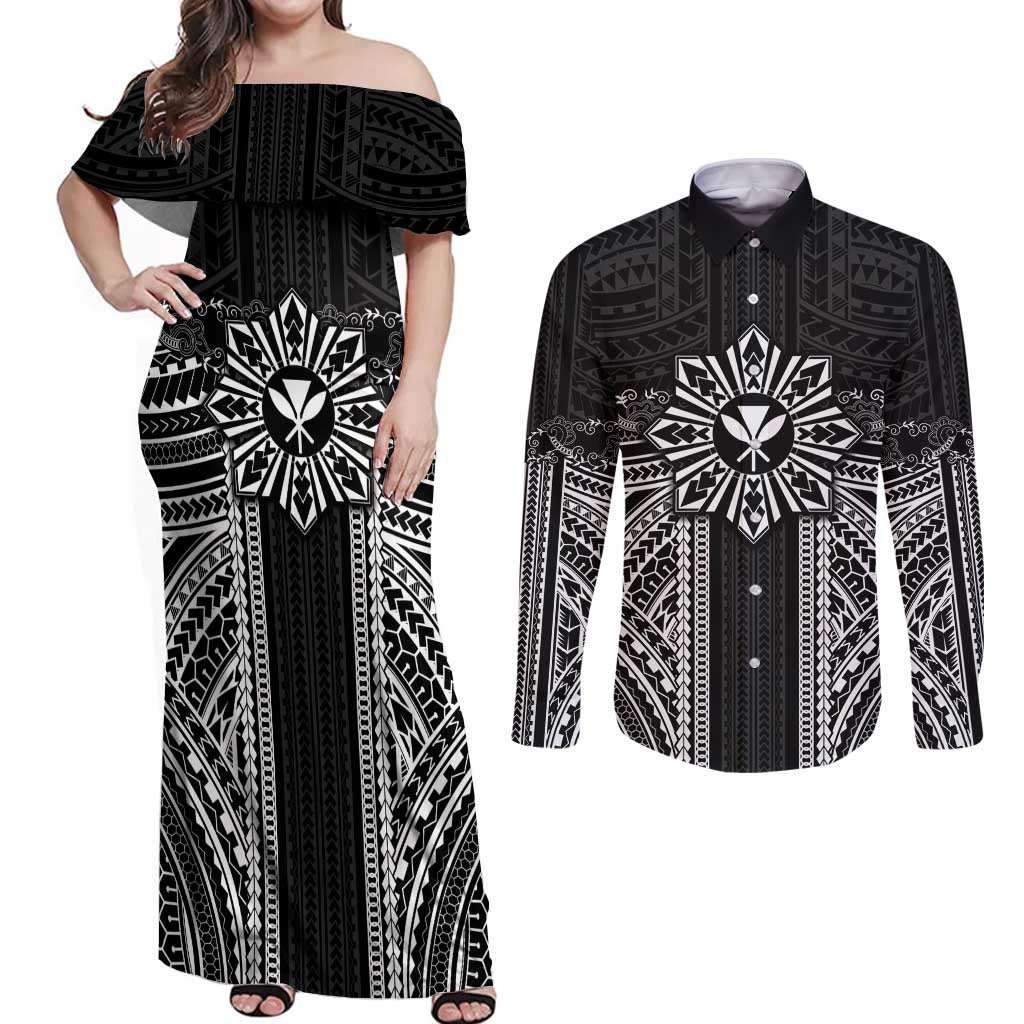 Hawaii And Philippines Together Couples Matching Off Shoulder Maxi Dress and Long Sleeve Button Shirt Polynesian Pattern With Filipino Barong Black