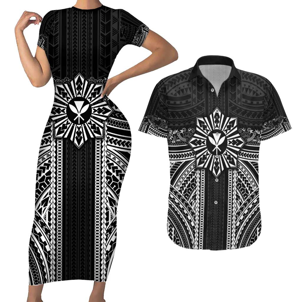 Hawaii And Philippines Together Couples Matching Short Sleeve Bodycon Dress and Hawaiian Shirt Polynesian Pattern With Filipino Barong Black