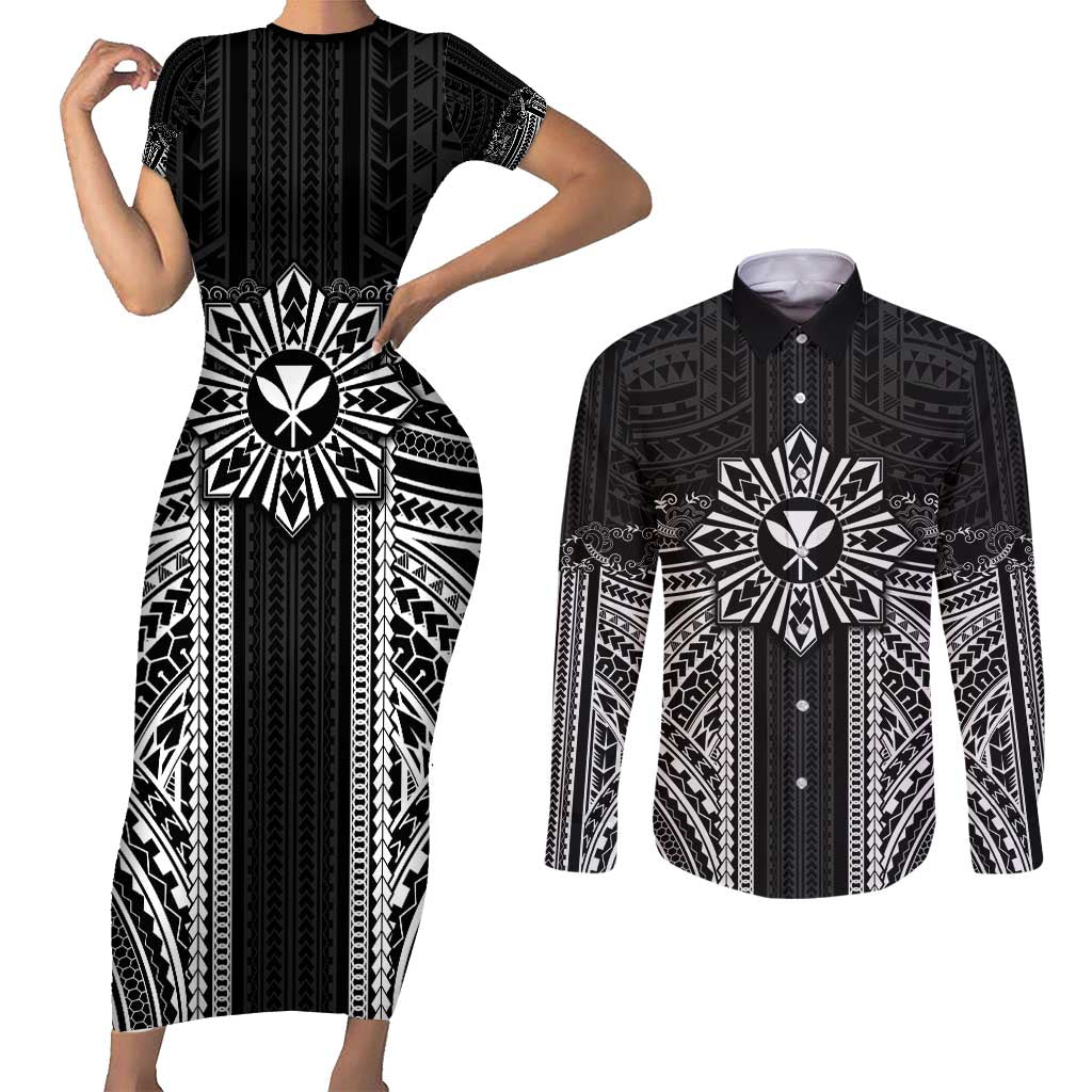 Hawaii And Philippines Together Couples Matching Short Sleeve Bodycon Dress and Long Sleeve Button Shirt Polynesian Pattern With Filipino Barong Black