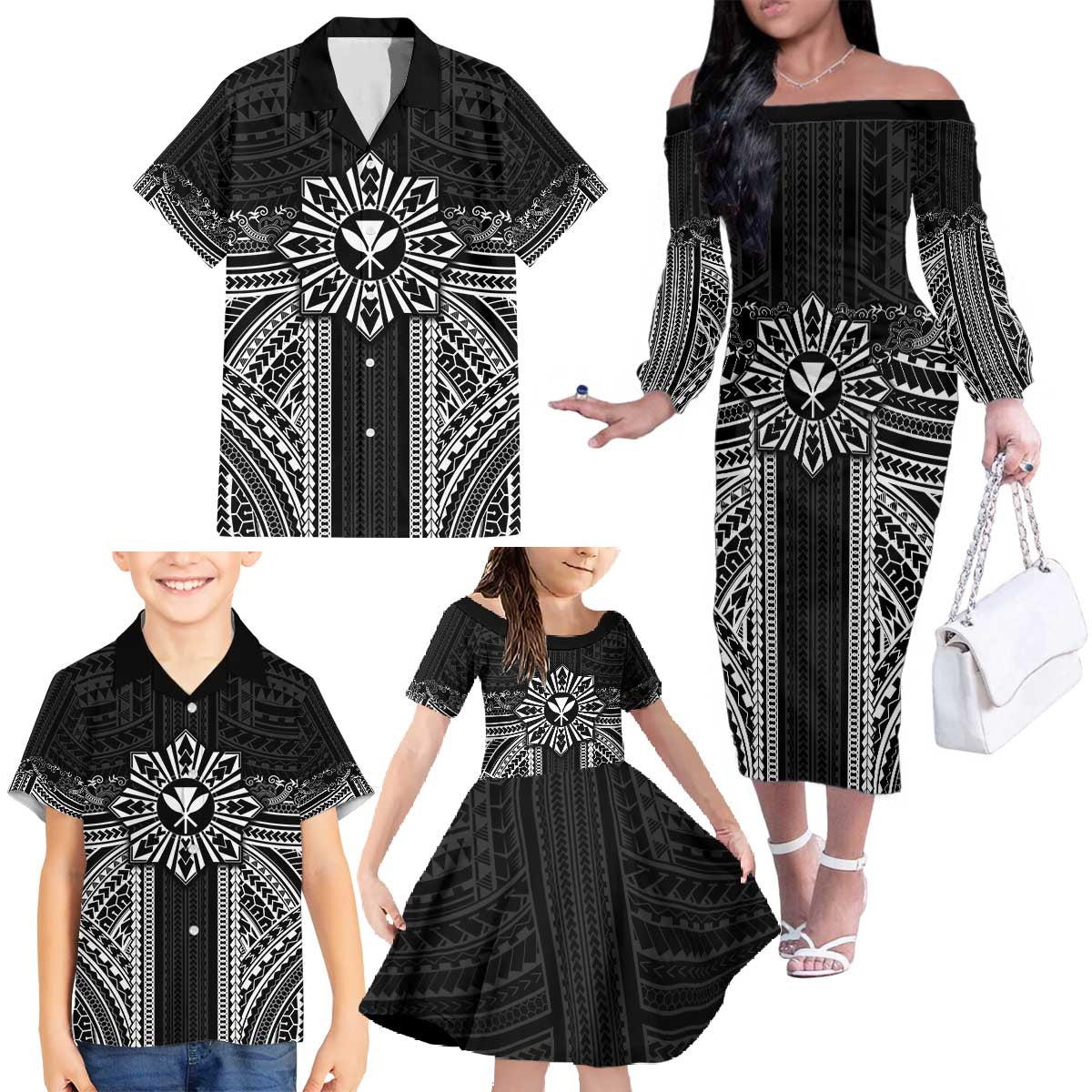 Hawaii And Philippines Together Family Matching Off The Shoulder Long Sleeve Dress and Hawaiian Shirt Polynesian Pattern With Filipino Barong Black