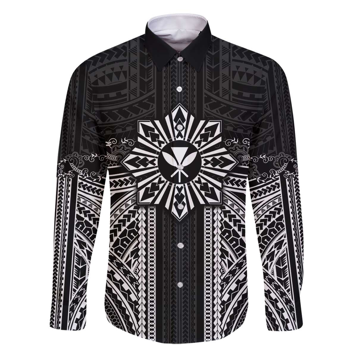 Hawaii And Philippines Together Family Matching Off The Shoulder Long Sleeve Dress and Hawaiian Shirt Polynesian Pattern With Filipino Barong Black
