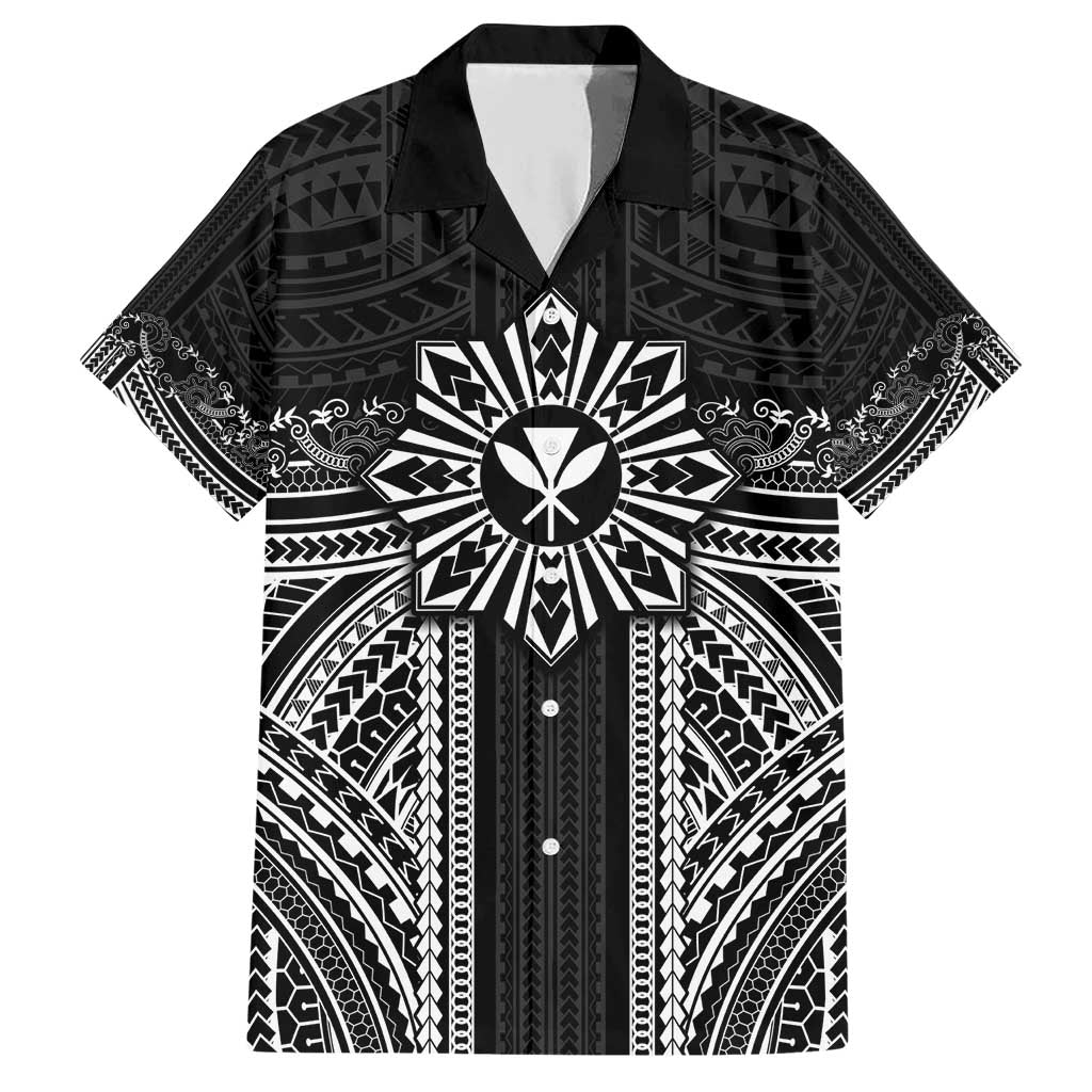 Hawaii And Philippines Together Family Matching Short Sleeve Bodycon Dress and Hawaiian Shirt Polynesian Pattern With Filipino Barong Black