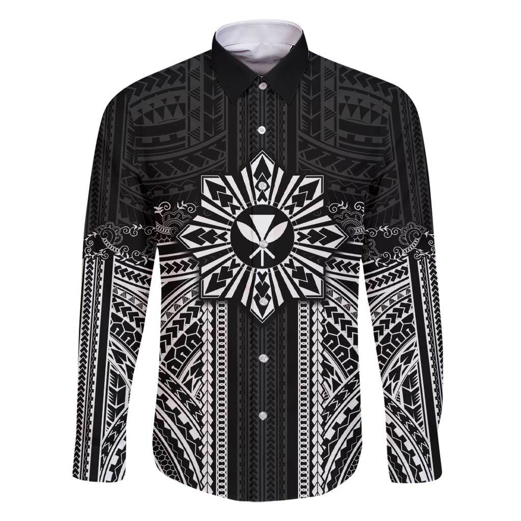 Hawaii And Philippines Together Family Matching Short Sleeve Bodycon Dress and Hawaiian Shirt Polynesian Pattern With Filipino Barong Black