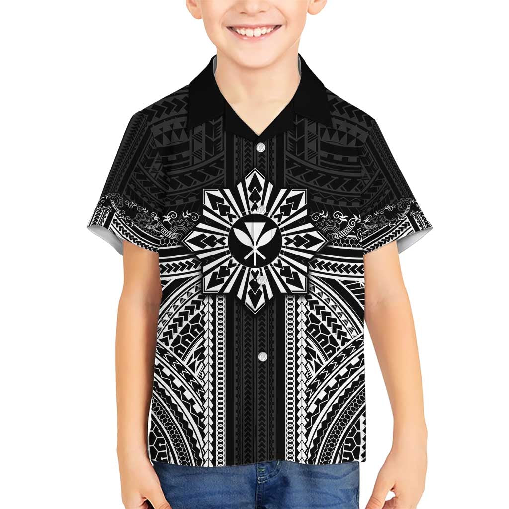 Hawaii And Philippines Together Family Matching Short Sleeve Bodycon Dress and Hawaiian Shirt Polynesian Pattern With Filipino Barong Black