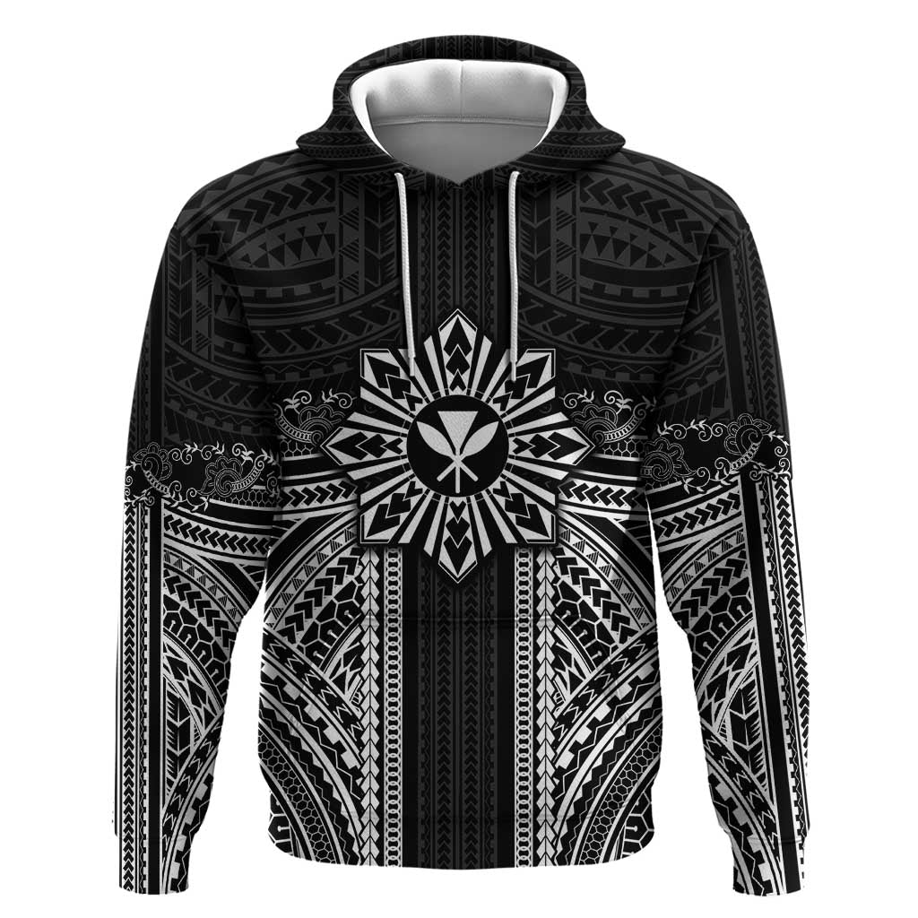 Hawaii And Philippines Together Hoodie Polynesian Pattern With Filipino Barong Black