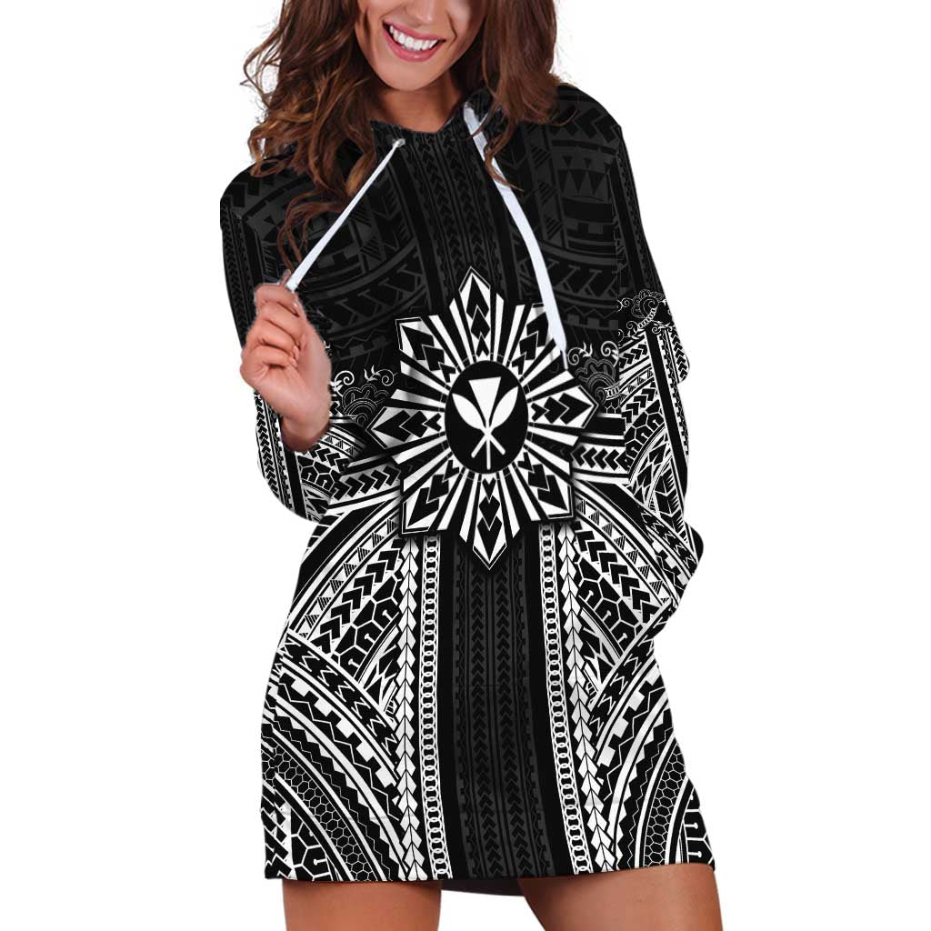 Hawaii And Philippines Together Hoodie Dress Polynesian Pattern With Filipino Barong Black