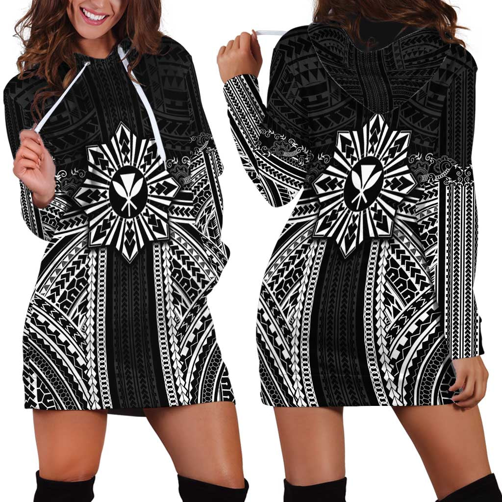 Hawaii And Philippines Together Hoodie Dress Polynesian Pattern With Filipino Barong Black