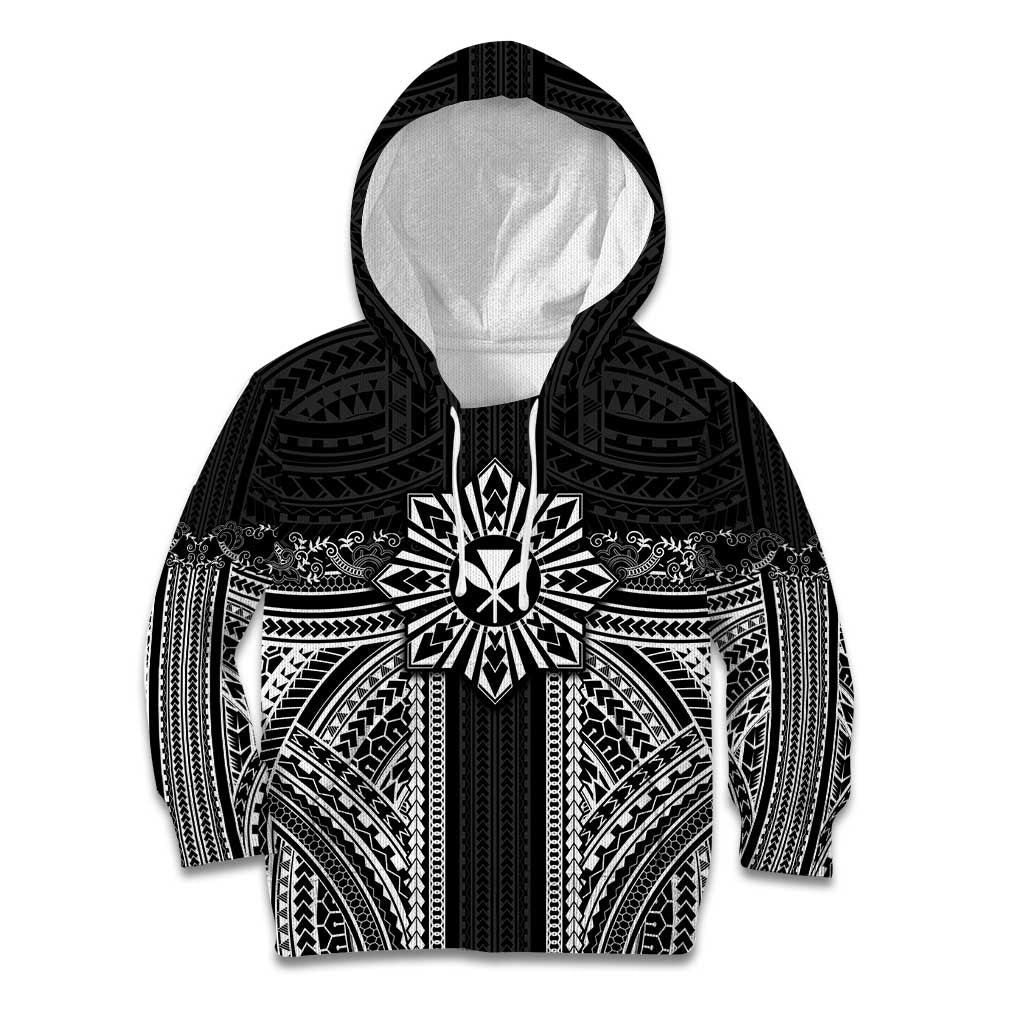 Hawaii And Philippines Together Kid Hoodie Polynesian Pattern With Filipino Barong Black