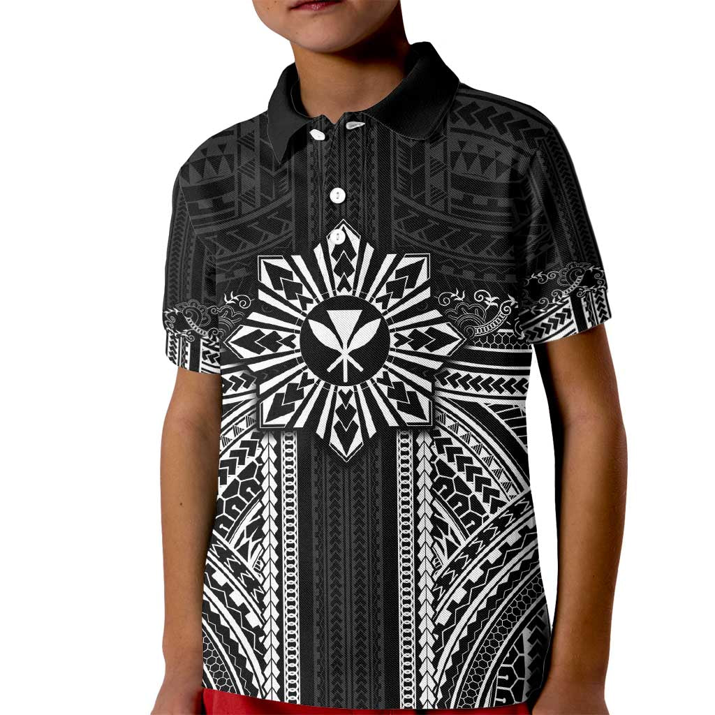 Hawaii And Philippines Together Kid Polo Shirt Polynesian Pattern With Filipino Barong Black