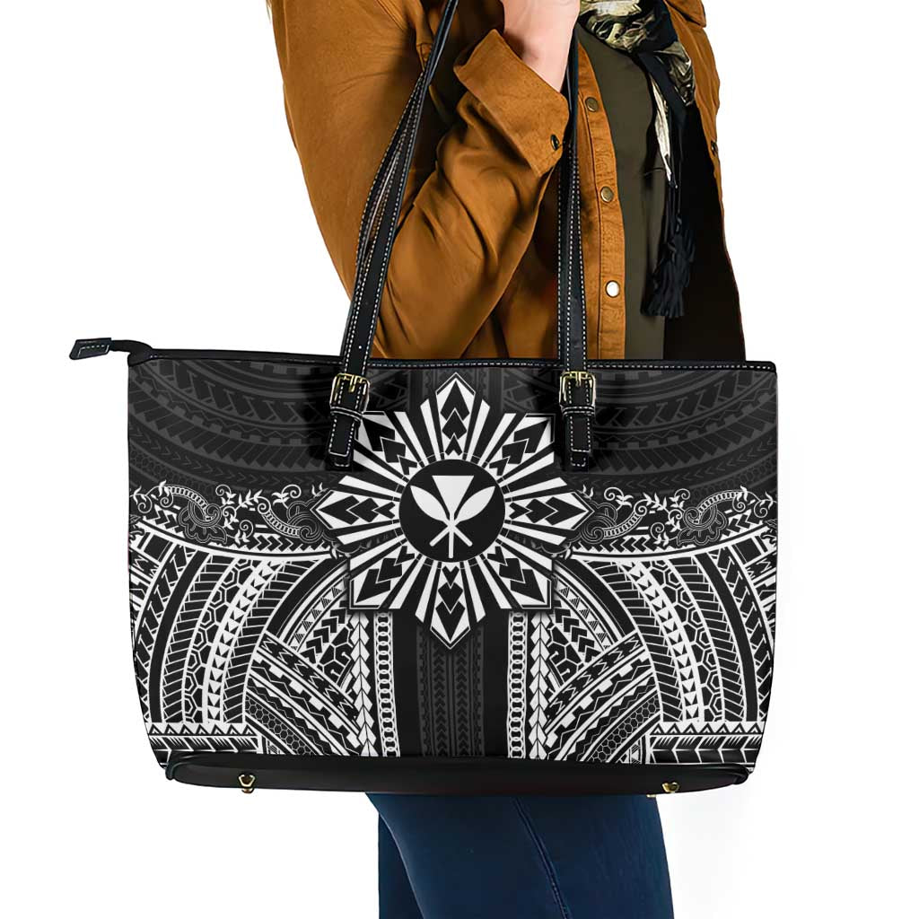 Hawaii And Philippines Together Leather Tote Bag Polynesian Pattern With Filipino Barong Black