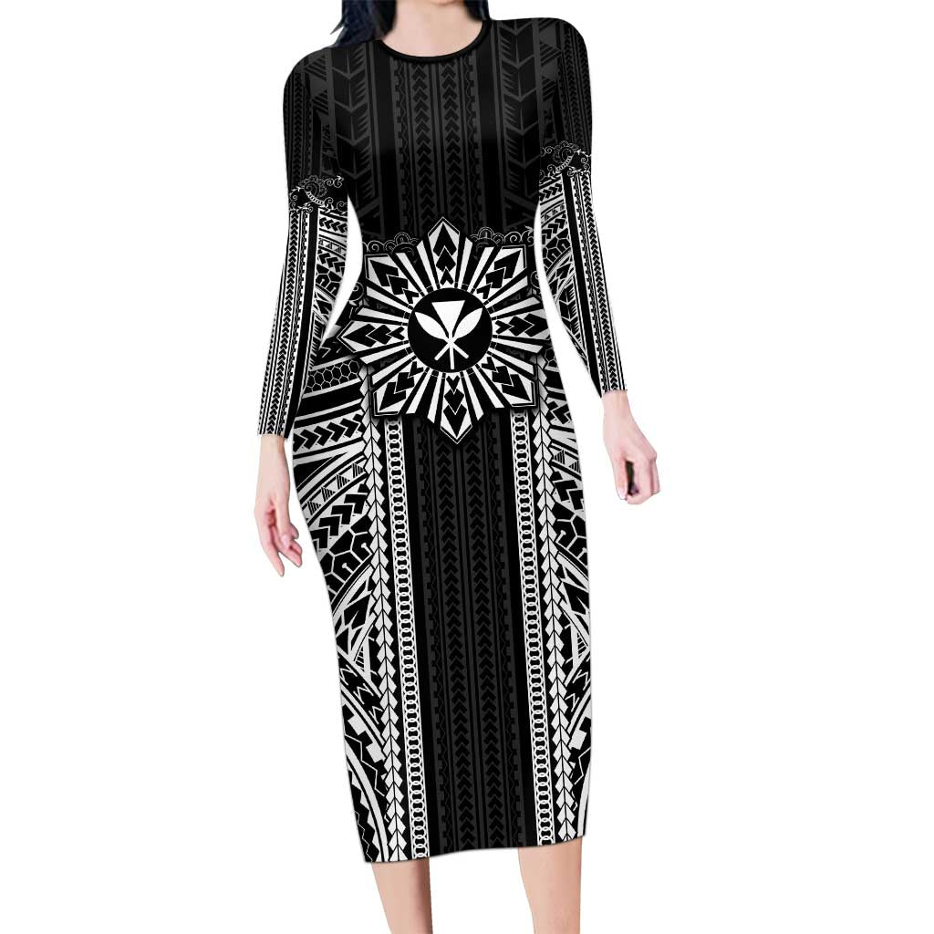 Hawaii And Philippines Together Long Sleeve Bodycon Dress Polynesian Pattern With Filipino Barong Black