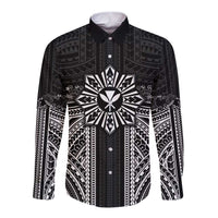 Hawaii And Philippines Together Long Sleeve Button Shirt Polynesian Pattern With Filipino Barong Black