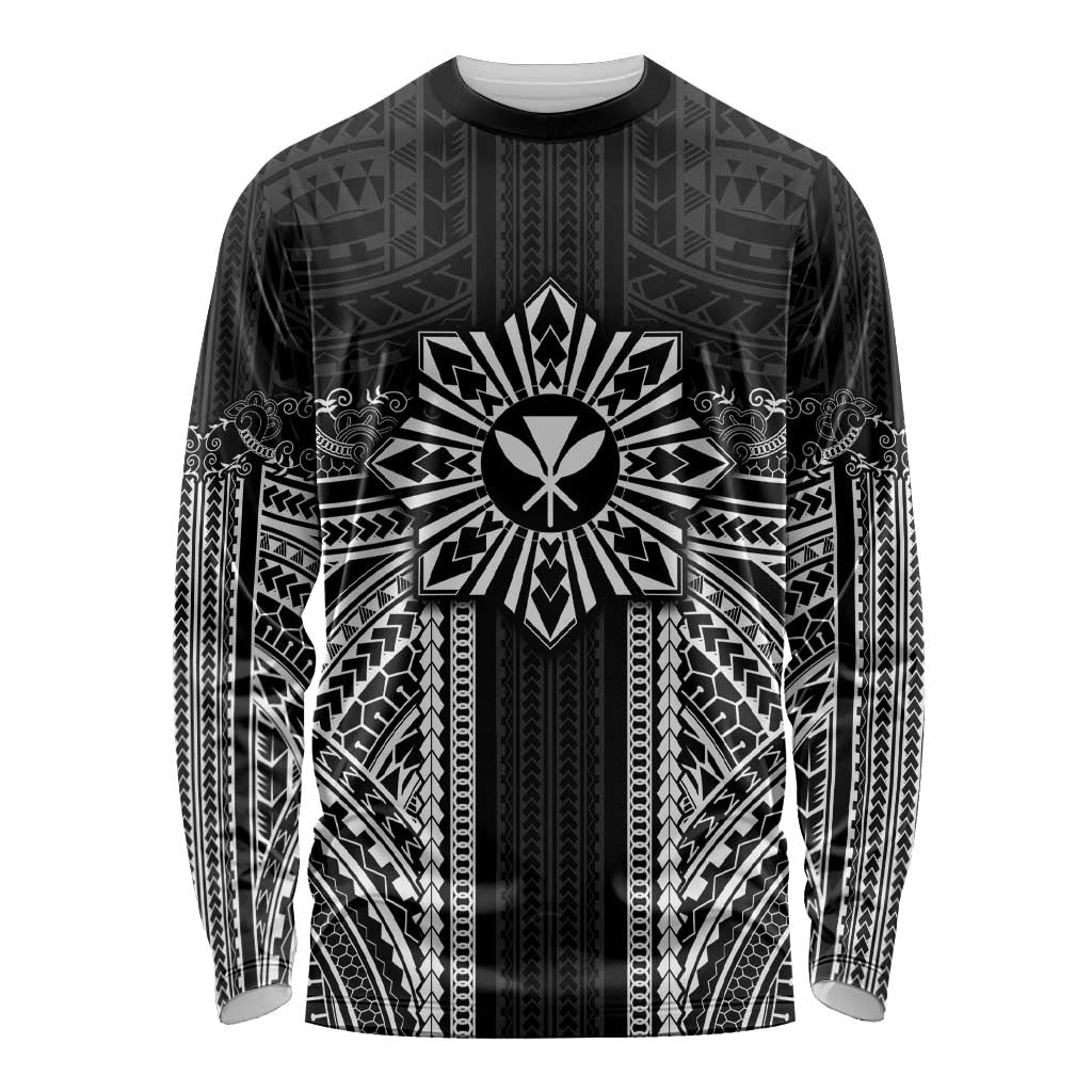 Hawaii And Philippines Together Long Sleeve Shirt Polynesian Pattern With Filipino Barong Black