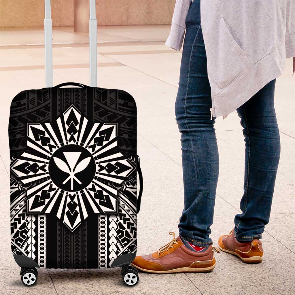 Hawaii And Philippines Together Luggage Cover Polynesian Pattern With Filipino Barong Black