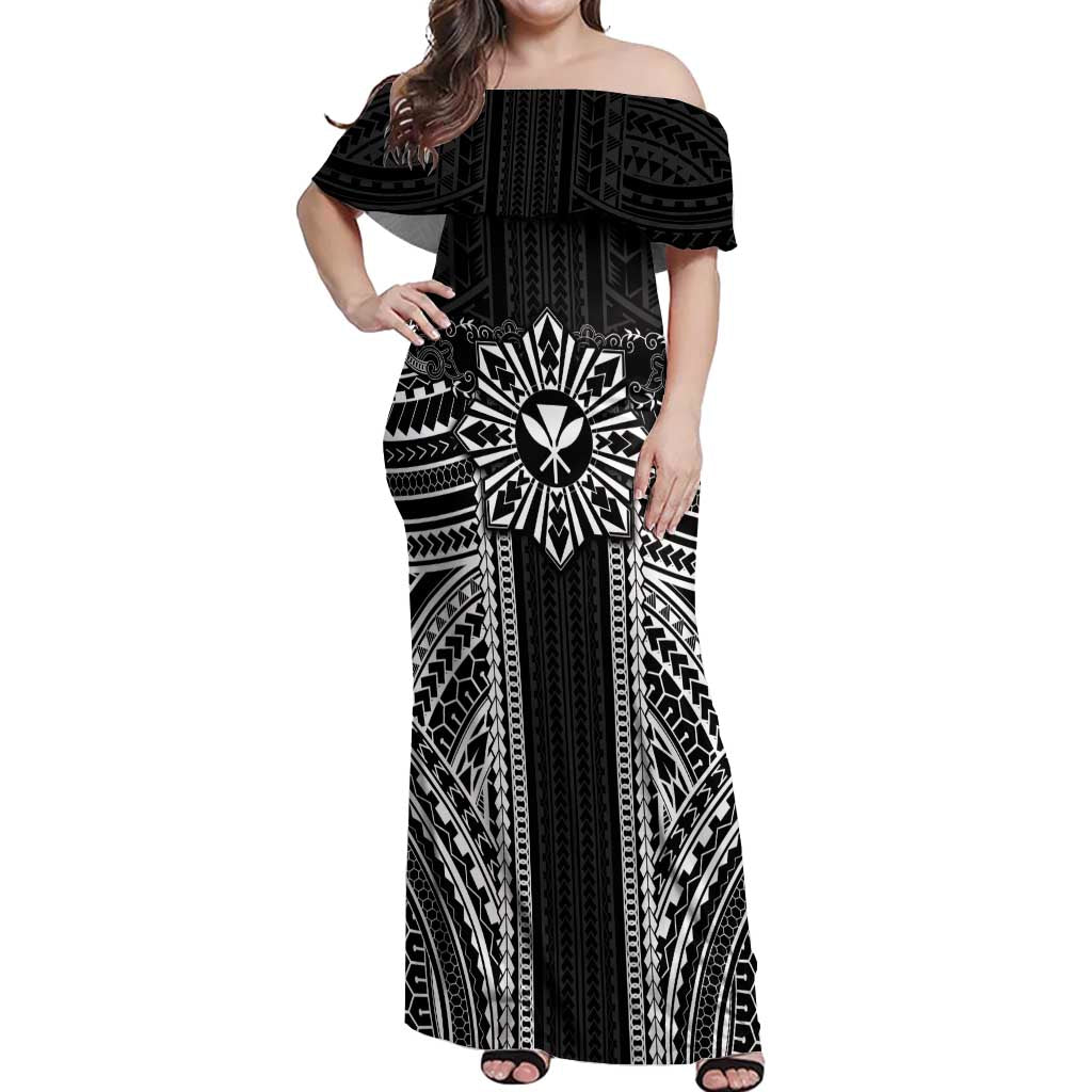 Hawaii And Philippines Together Off Shoulder Maxi Dress Polynesian Pattern With Filipino Barong Black